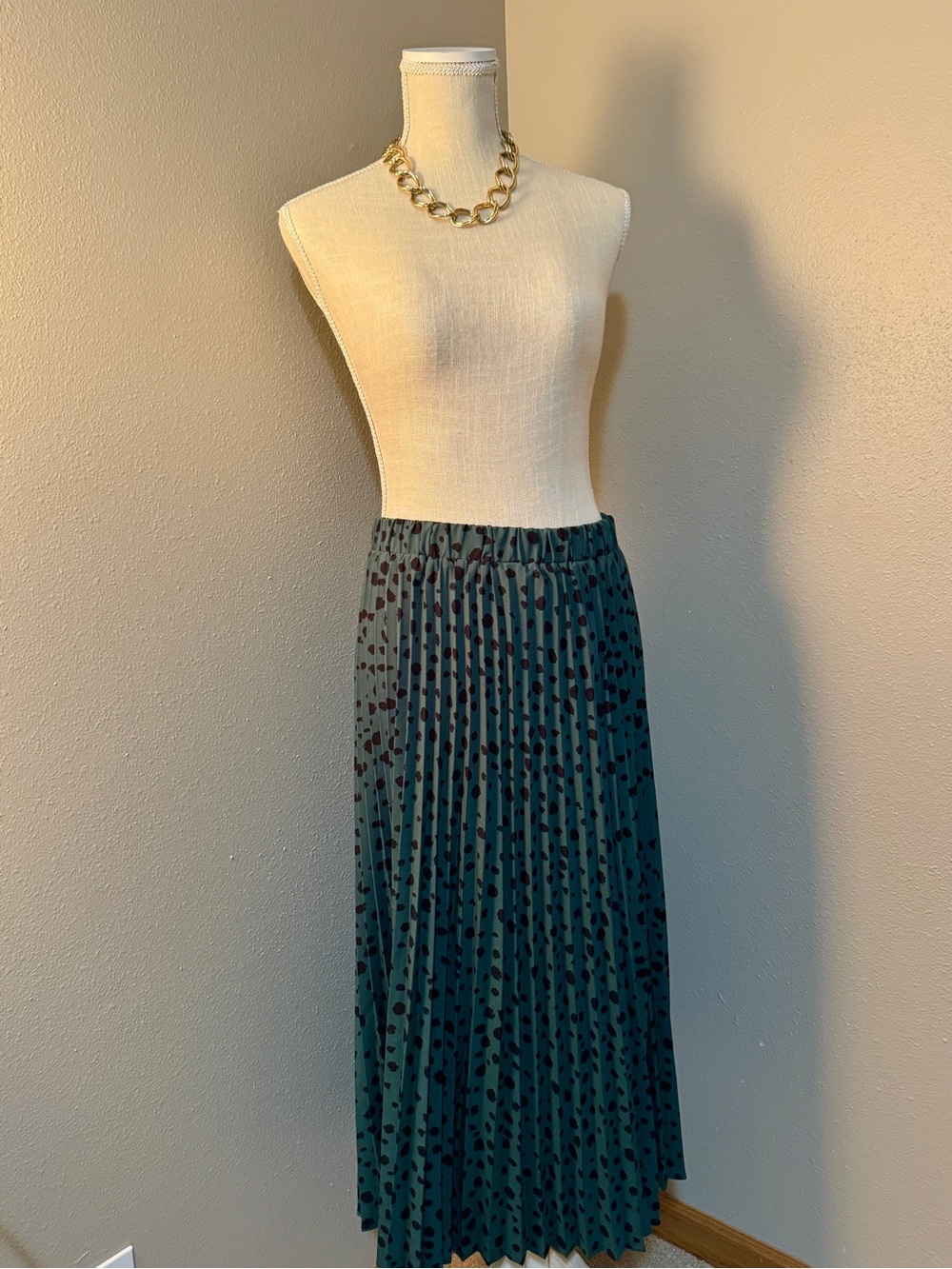 Pleated Dark Green Teal Midi Skirt with Black Spot Print